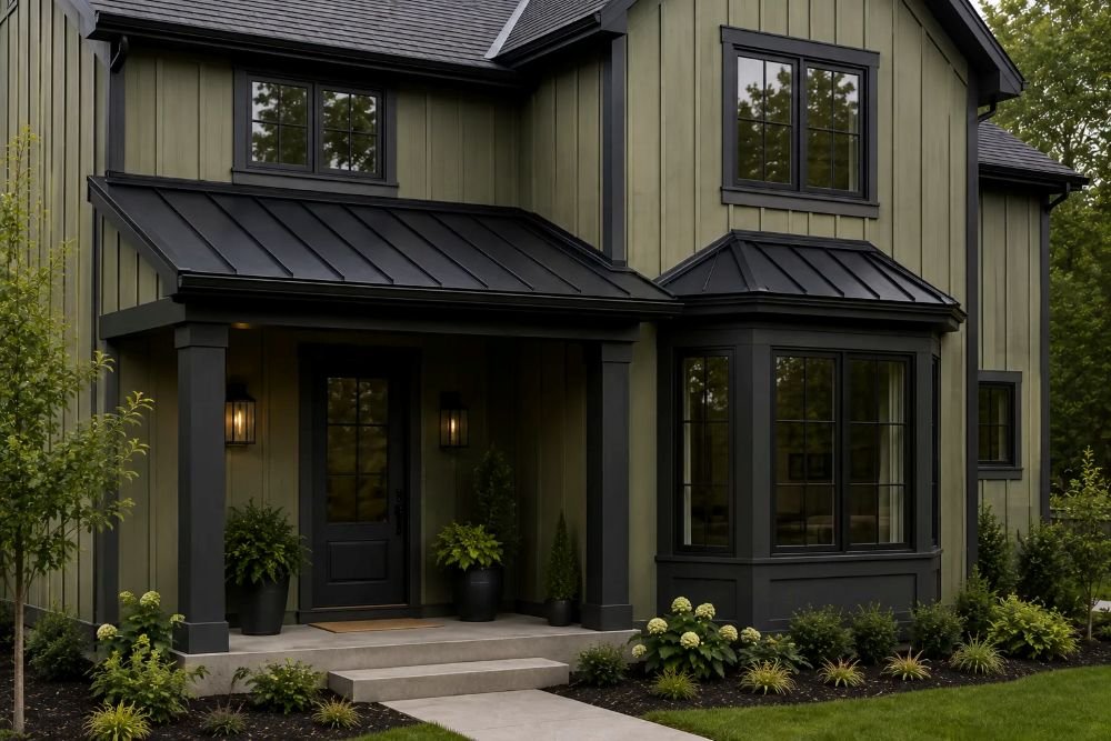 Black Metal Roof Accents Over Porches