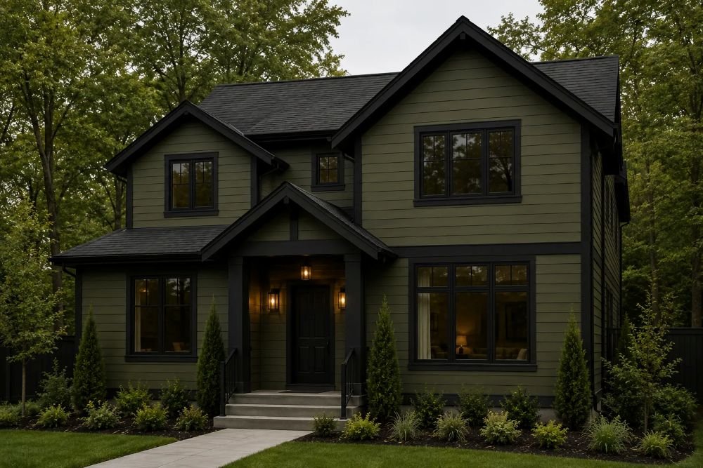 Dark Olive Green House With Black Trim