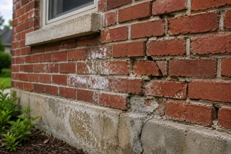 Damaged brick wall showing cracks