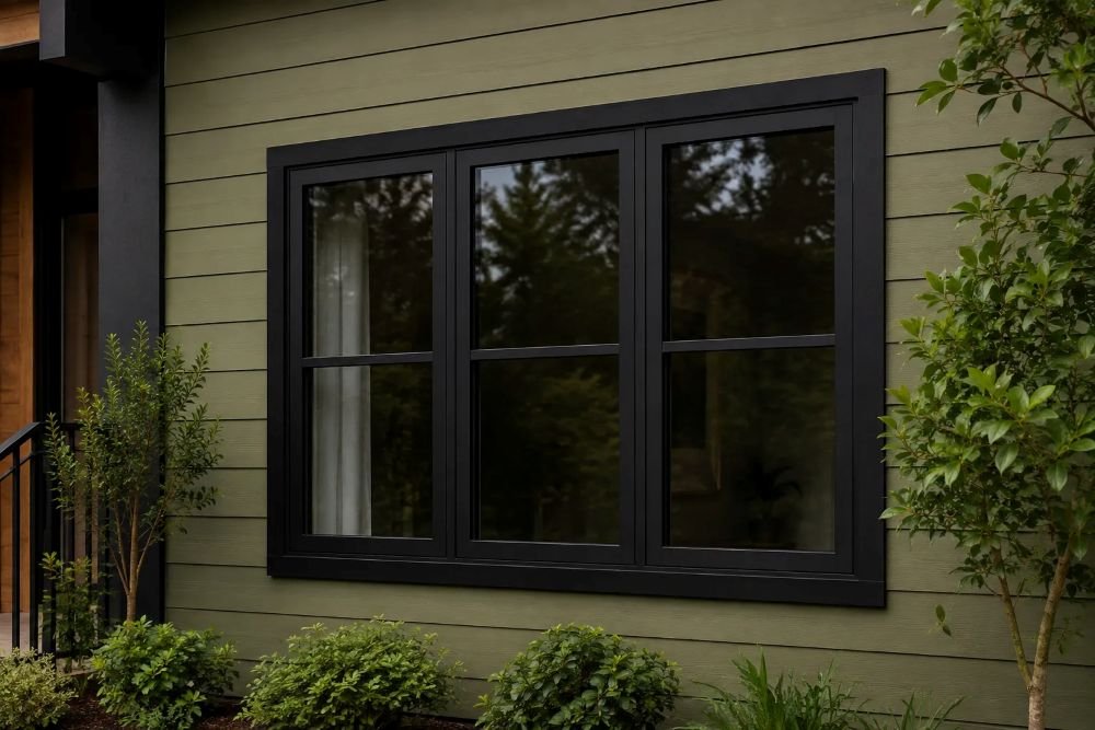 Matte Black Windows Against Olive Siding