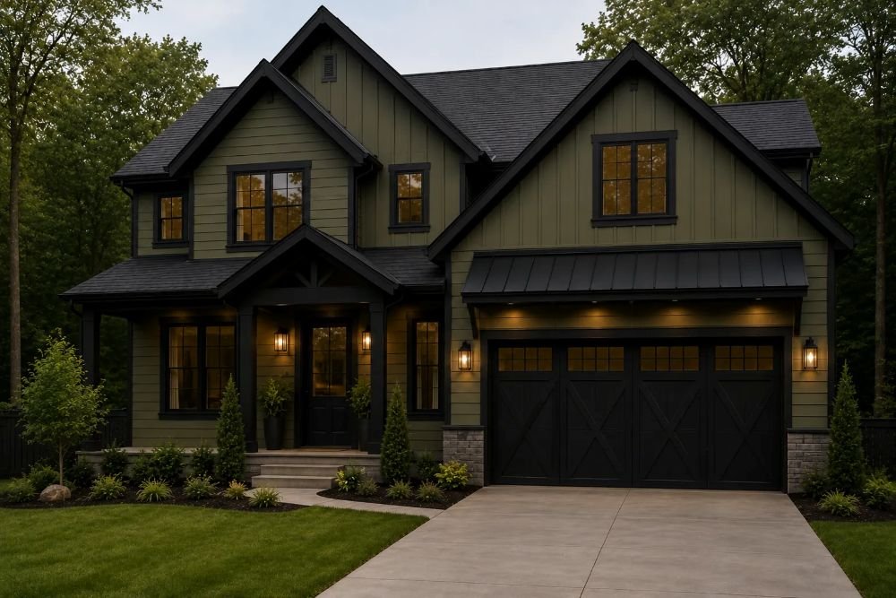 Olive Green With Black Garage Doors
